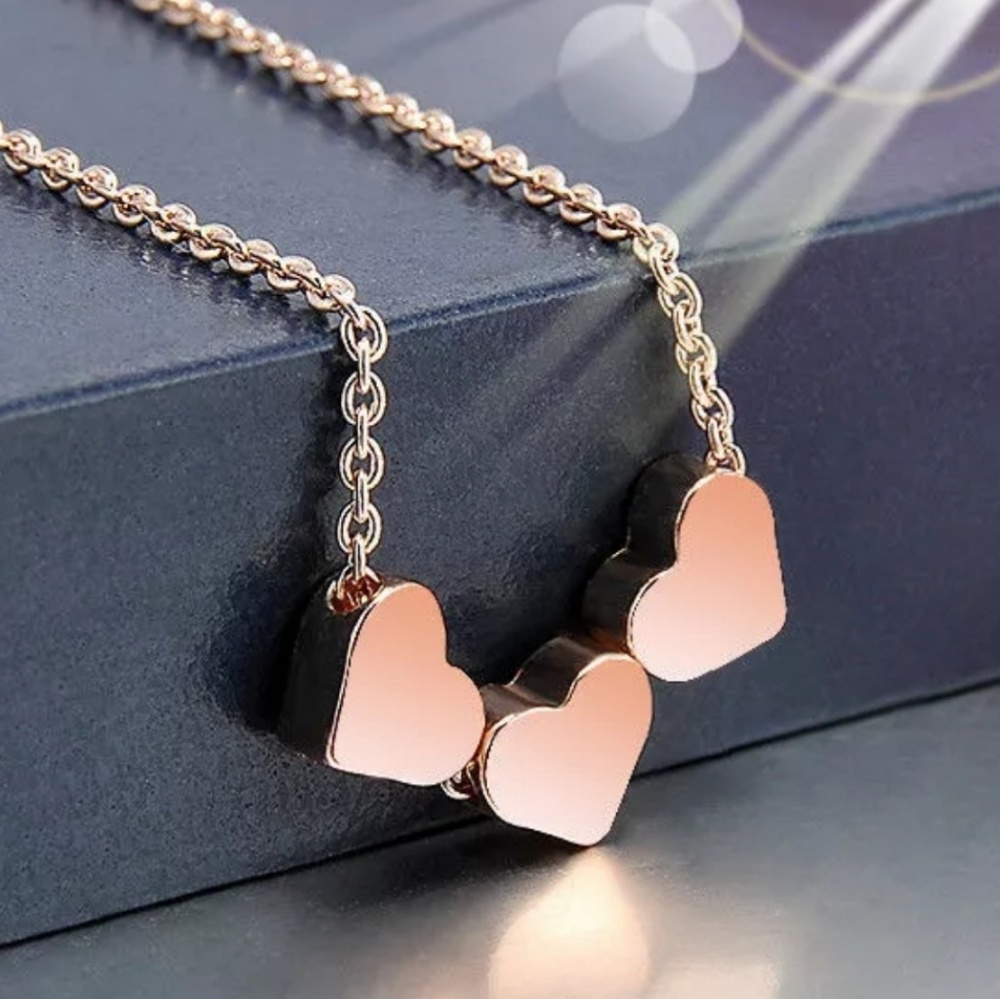 Dainty Rose Gold Three Heart Necklace - Picture 2 of 4